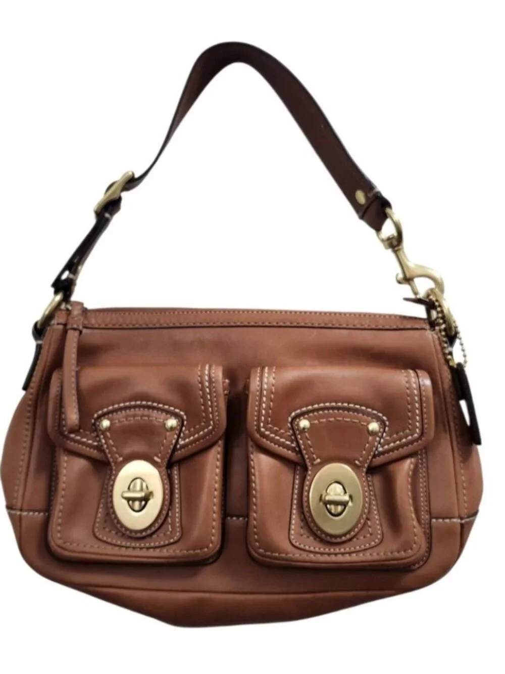 Coach F12868 65th Anniversary Double Turnlock Whiskey Leather Shoulder Bag
